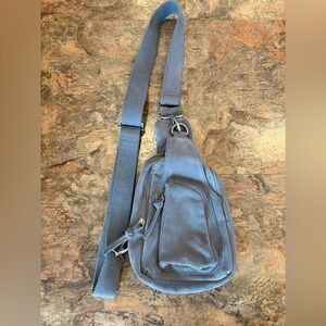 Free People Blue Gray Suede Leather Hudson Sling Bag Purse